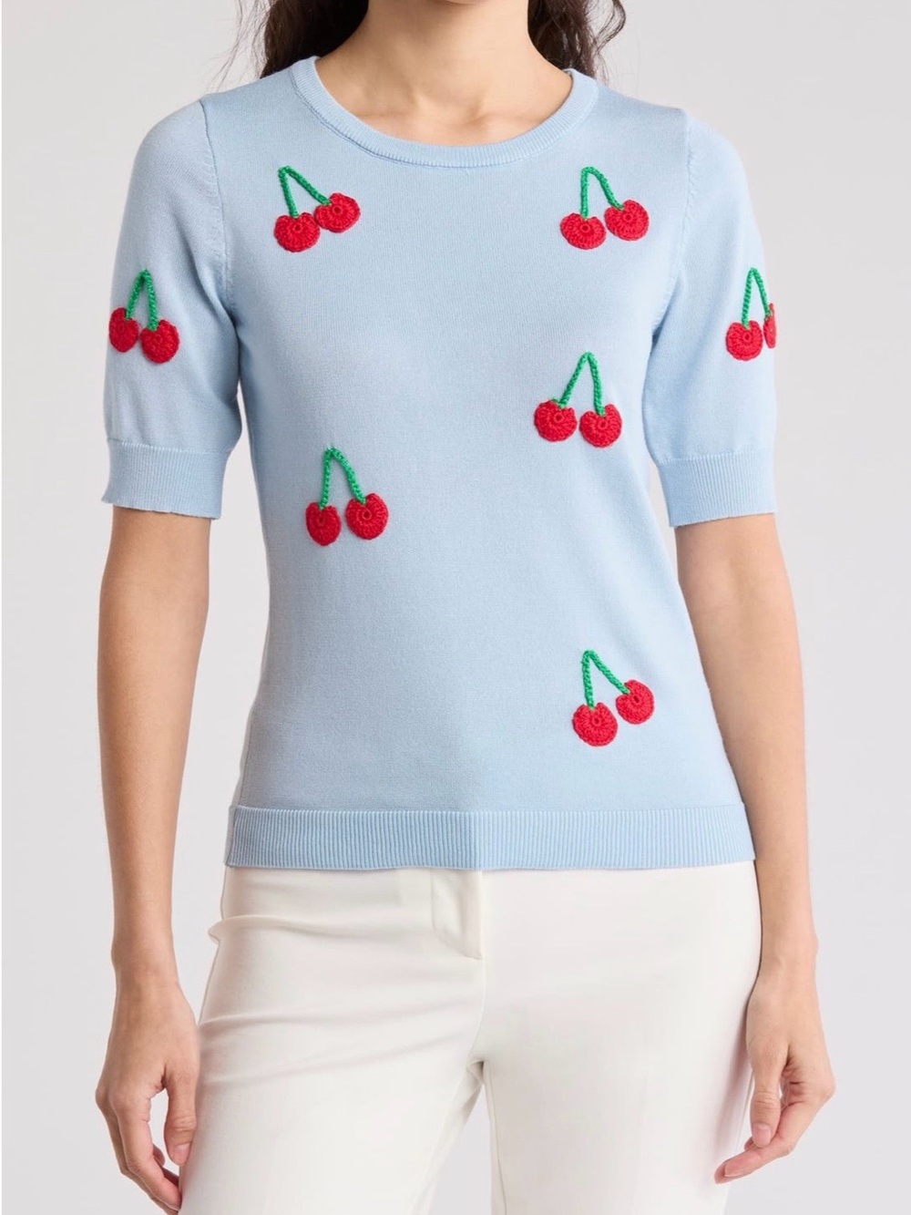 Light Blue Cherry Knit Short Sleeve Sweater